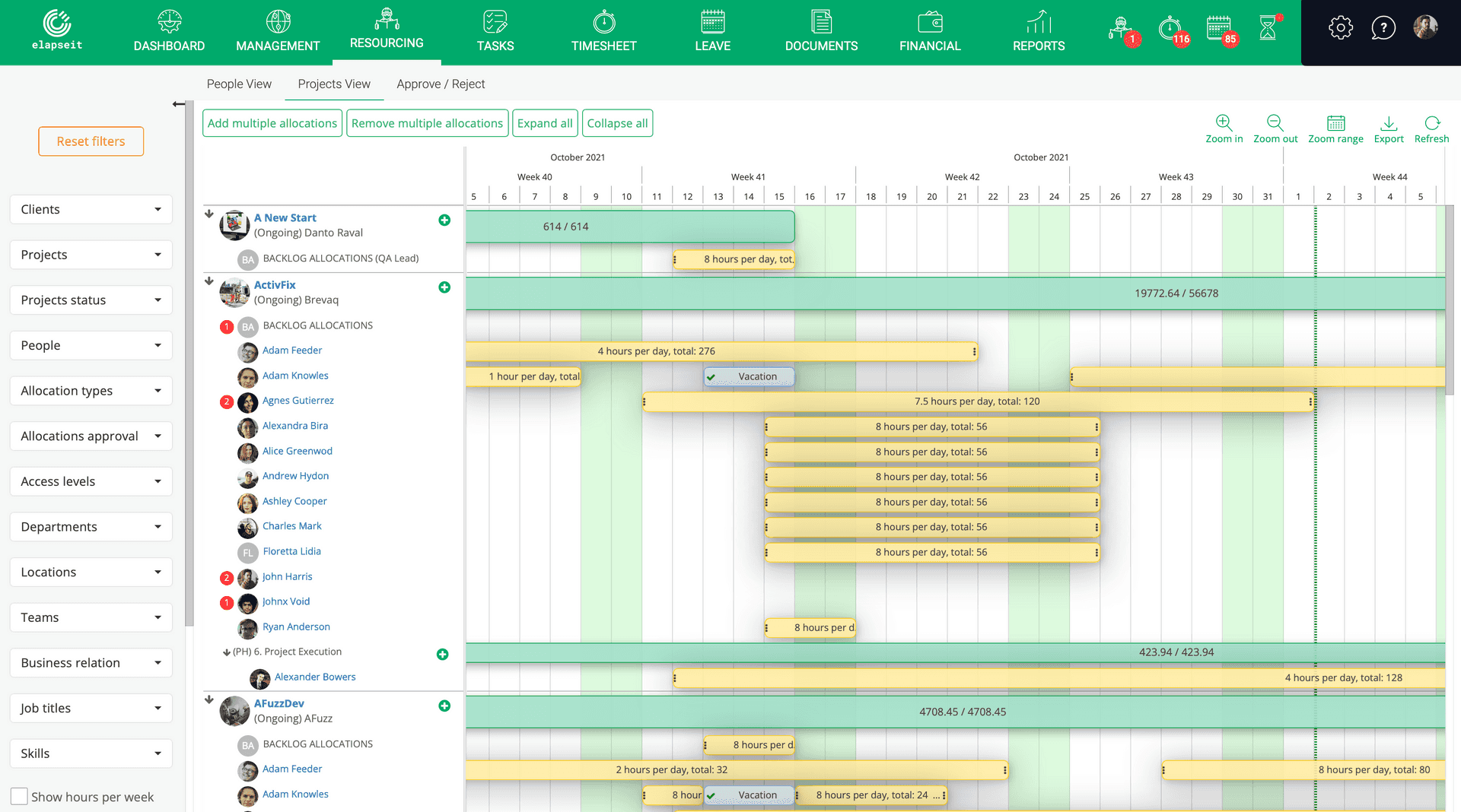 Zobrazení Projektu v elapseit Resource Planner ukazuje přidělení na každém projektu.