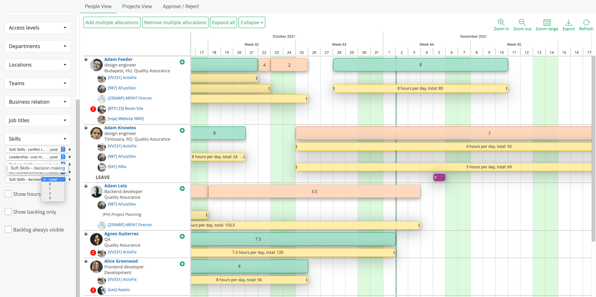 Proveďte výběr dovedností v plánovači zdrojů, poté přiřaďte zdroje na své projekty.