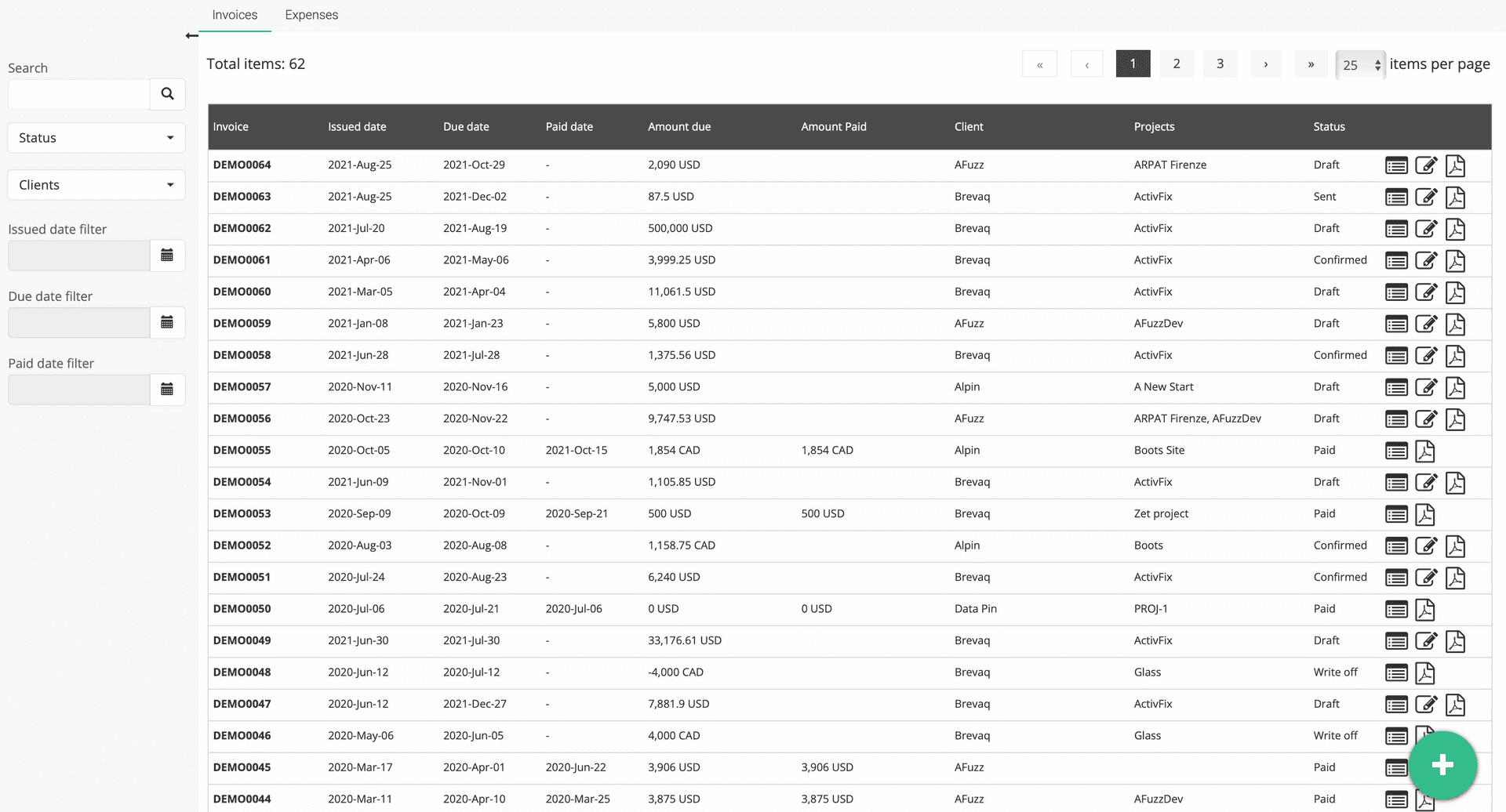 Detailní výpis faktur s datem splatnosti, částkou a stavem.